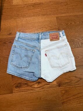 Levi's Split-Panel High-Rise Denim Shorts in Blue & White